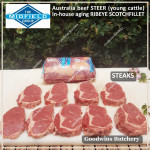 Beef Ribeye AUSTRALIA STEER (young cattle) aged by Goodwins brand Harvey/Midfield frozen steak cuts 1cm 3/8" price/pack 500g 3pcs (Scotch-Fillet / Cube-Roll)